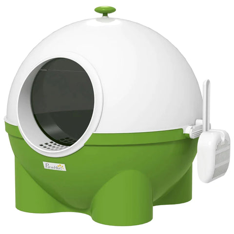 Rootz Cat Litter Box - Strainer - Scoop - Cats Up To 4kg - Easy To Clean - Cute Design -  Plastic - Green + White - 53L x 51W x 48H cm