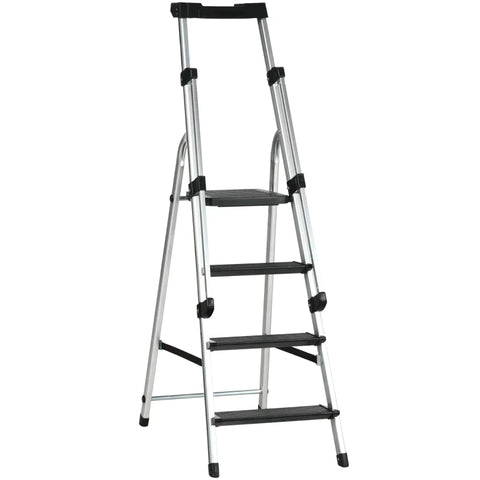 Rootz Aluminum Ladder - Work Ladder - Foldable Work Ladder - Non-slip - Rust-proof With Tool Tray - Aluminum - Silver - 45.5 x 82 x 145cm