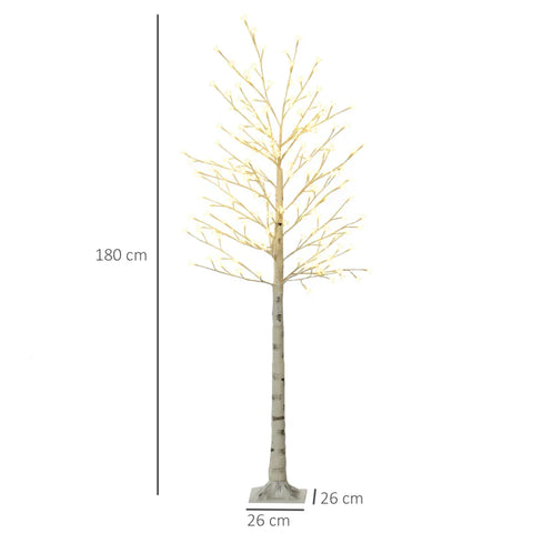 Rootz Artificial Birch Tree - 180 Leds - Outdoor Areas - 3 Brightness Levels - Weddings - Warm White - Realistic Bark - Plastic - White - 21.5 x 21.5 x 180 cm