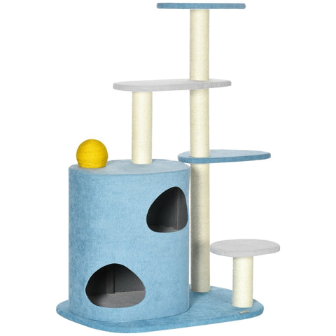 Rootz Scratching Post - Cat Tree - Cat House - With Scratching Barrel - And Scratching Ball - Blue/Gray/Yellow - 87 cm x 60 cm x 122 cm