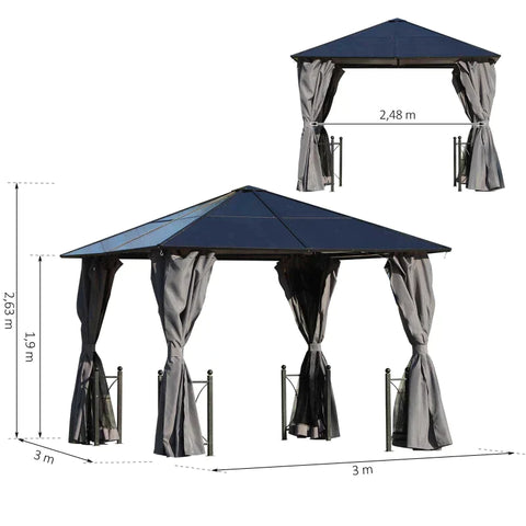 Rootz Gazebo - Garden Gazebo -  Garden Pavilion - Party Tent - Pc Roof - Aluminium - Black - 300 X 300 X 263 Cm