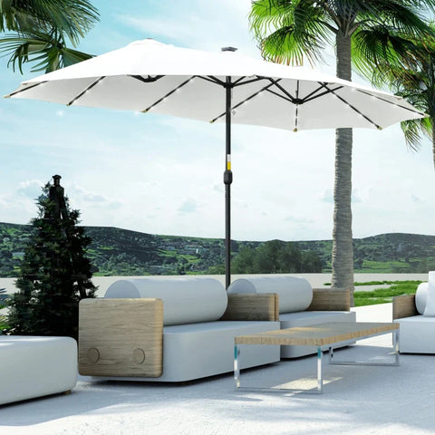 Rootz Double Sided Umbrella - Double Sided Parasol - Parasol - Sun Umbrella - With LED Solar Lights - Polyester/Steel - Cream White/Black - 4.5L x 2.65W x 2.4H m