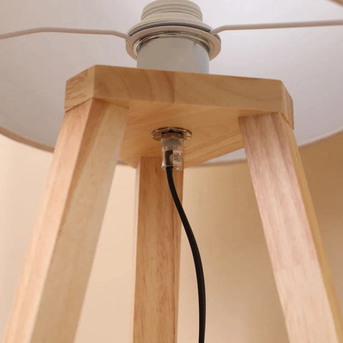 Rootz Tischlampe – Nachttischlampe – Schreibtischlampe – Tischlampe aus Holz – Leinen-Polyester – moderner Stil – Schlafzimmer – Wohnzimmer – Weiß + Natur – 28 cm x 28 cm x 58 cm