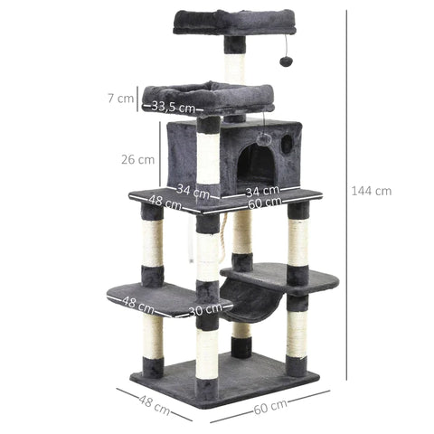 Rootz Cat Tree - Cat House - Climbing Tree With Hammock - Cat Play Tower - Dark Gray - 60 x 48 x 144 cm