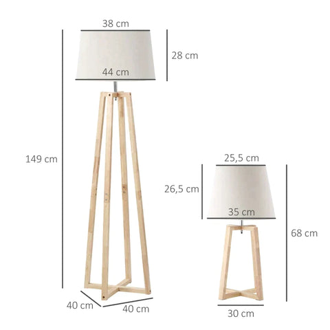 Rootz Floor Lamp - Table Lamp - Bedside Lamp - Desk Lamp - Set Of 2 Wooden Floor Lamp - Canvas Fabric - Bedroom - Living Room - White + Nature - 44 cm x 44 cm x 149 cm