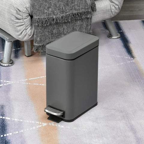 Rootz Rectangular Compact - Bin Steel Body - Removable Bucket - Quiet-close - Lid W/ Pedal Lid Rubbish - Bathroom Living Room - Garbage Tidy - Grey - 29.2L x 14W x 32H cm