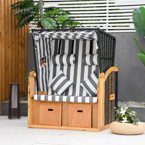 Rootz Beach Chair - Double Sun Lounger With Roof - Double Lounger With Cup Holders - Chaise Longue - 5-level Backrest - PE Rattan - Gray + White - 118 x 79 x 160 cm