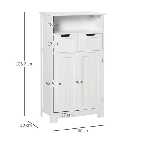 Rootz Bathroom Cabinet - Bathroom Storage Cabinet - Bathroom Cabinet With 2 Drawers 1 Door - Freestanding Cupboard - White - 60 x 30 x 108.8 cm
