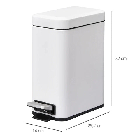 Rootz Rectangular Compact - Bin Steel - Quiet-close Lid - W/ Pedal Lid Rubbish - Trash Can Home - Office Bedroom - Bathroom Living Room - Garbage - White - 29.2L x 14W x 32H cm
