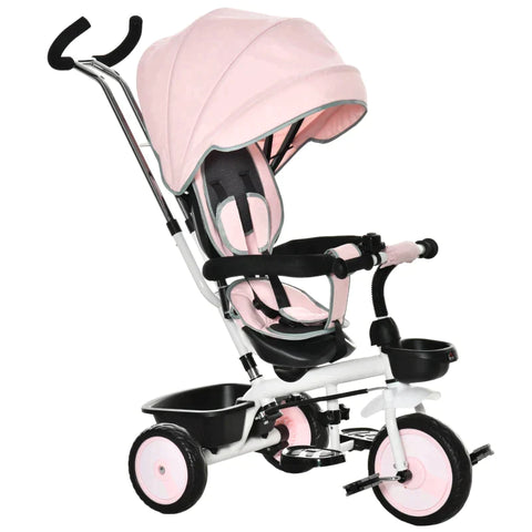 Rootz 2 In 1 Children's Tricycle - Jogger With Steering System - Rod Basket - Sun Canopy - Velvet Touch - Pink - 100 x 48 x 106 cm