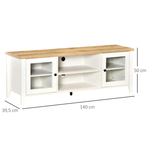 Rootz TV Lowboard - TV Stand - TV Cabinet for TVs with 2 Glass Doors Shelf - Adjustable - White + Oak - 140 X 39.5 X 50 Cm