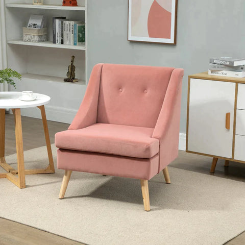 Rootz Armchair - Dining Chair - Accent Armchair - Scandinavian Design - Velvet Look - Rubber Wood - Pink + Natural - 69L x 76W x 87.5H cm