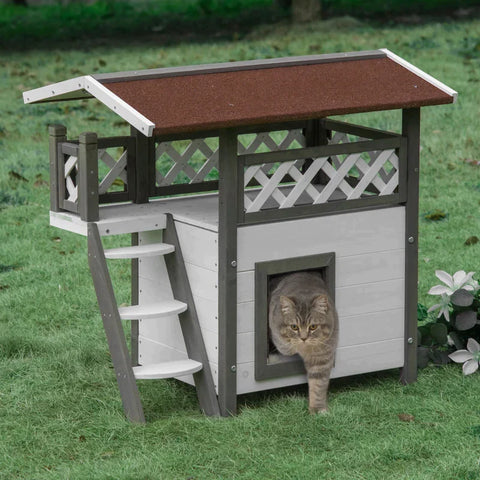 Rootz Cat House - Small Animal House - Cat Cave - With Terrace And Stairs - Weatherproof Winterproof - Fir Wood - White - 77 x 50 x 73 cm