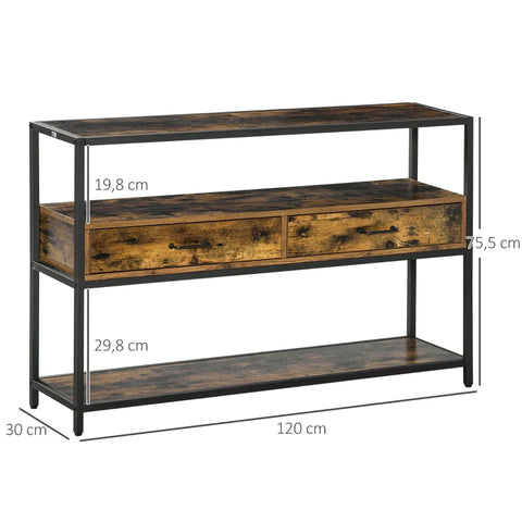 Rootz Console Tafel - Drie Brede Planken En Twee Laden - Industrieel Design - Rustiek Bruin + Zwart - 120 x 30 x 75,5 cm