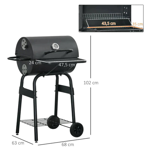 Rootz Charcoal Grill - Mobile BBQ grill with Wheels - Metal Lid - Black - 68cm x 63cm x 102cm