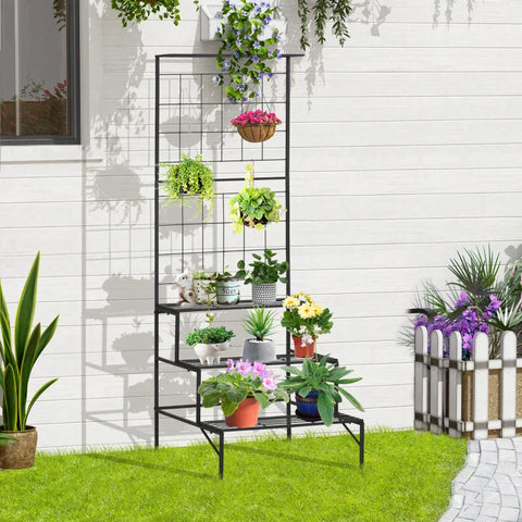 Rootz Plantenrek - Plantenrek met 3 Lagen en Trellis - Metaal - Zwart - 60 x 53,5 x 159,5 cm