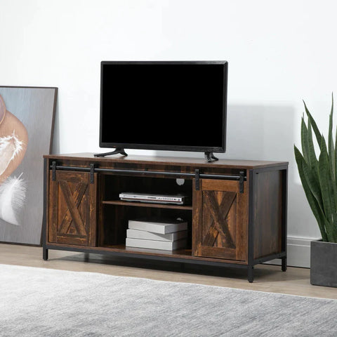 Rootz TV Bench - TV Cabinet With Sliding Doors - In Industrial Design - Chipboard - Brown + Black - 120 x 40 x 54cm