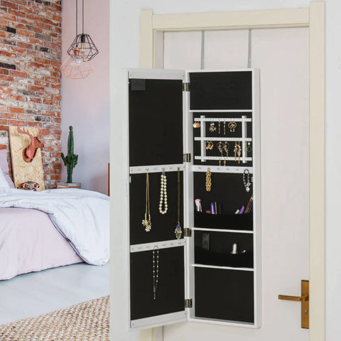 Rootz Jewelry Cabinet - LED Jewelry Cabinet - Hanging 2 In 1 Jewelry Shelf - Mirror Cabinet - Door Mounting - White - 36.6 x 8 x 120 cm