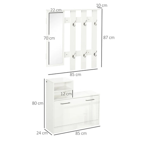 Rootz Wardrobe Set With Mirror - Shoe Cabinet - Bench - 6 Double Hooks - High-gloss Surface - High-gloss - White - 85L x 24W x 80H cm