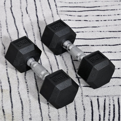 Rootz 2 x 6 kg Hexagonal Dumbbells - Rubber Dumbbell - Knurled Handle - Sports Hex Weights Sets - Weight Lifting Exercise - Home - Gym - Black