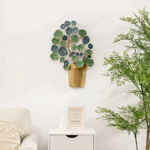 Rootz Metal Wall Decor - 3D Plant Wall Art - Green + Gold - 40cm x 6cm x 60cm