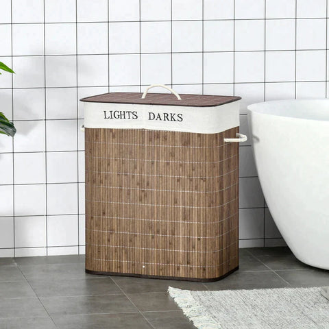 Rootz Wasmand - Wasmand met 3 Handvatten - Wasbare Waszak - Uitneembare Bamboe - Polyester Katoen - Bruin/Wit - 52 x 32 x 63 cm