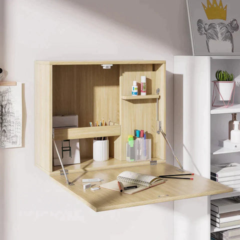 Rootz Wall Table - Wall-mounted Folding Table With Shelves - Chipboard - MDF - Natural - 60 cm x 21.5 cm x 50 cm