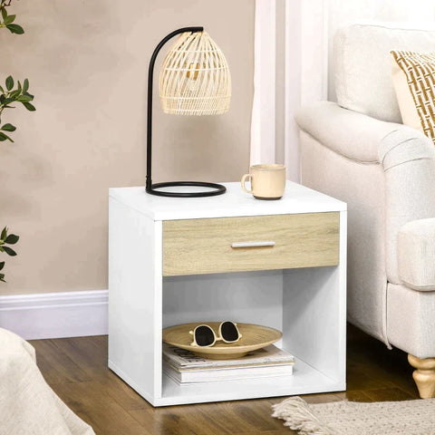 Rootz Bedside Table - Side Table - With Drawer - In Wood Look - Chipboard - White - 47.5 x 40 x 45cm