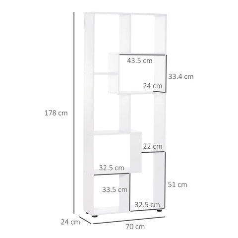 Rootz Bookshelf - Bookcase - 8 Shelves - White - 70 Cm X 24 Cm X 178 Cm