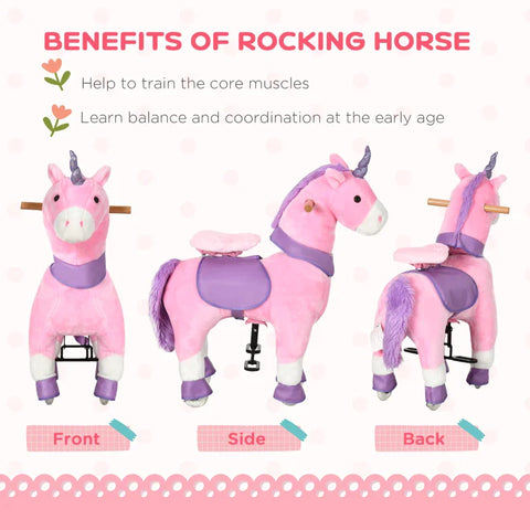 Rootz Kids Rocking Horse - Rocking Horse - Kids Ride-on Unicorn - With Two Wheels - Steel/Poplar Wood/PU - Pink - 70 cm x 32 cm x 87 cm