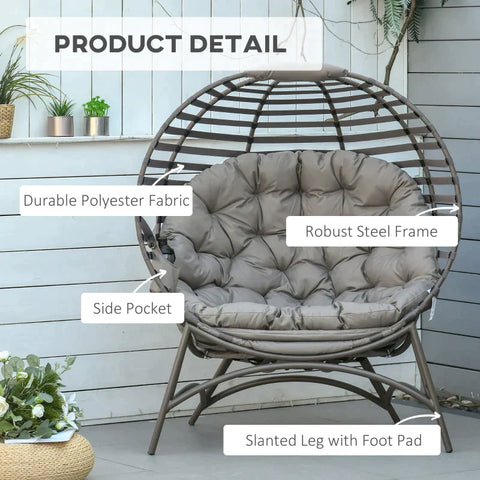 Rootz Egg Chair - Garden Chair - Papasan Chair - With Soft Cushion -  Steel Frame And Side Pocket - Brown - 118 x 75 x 139 cm