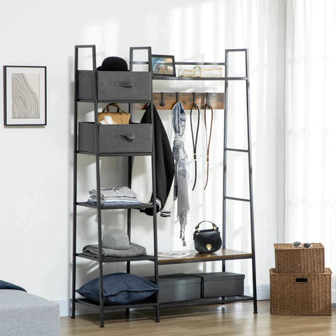Rootz Kapstok - Industrieel Design Kapstok - 8 Planken - 5 Kapstokhaken - 1 Schoenenbank - 2 Laden - Grijs/Bruin - 125L x 43B x 185,5H cm