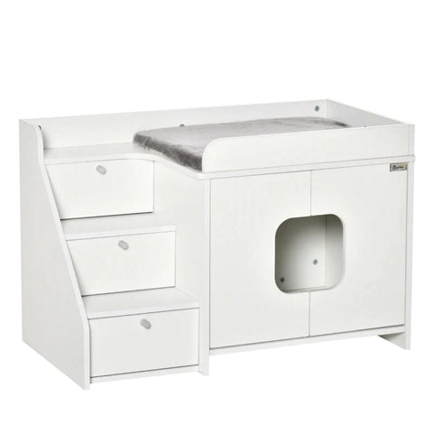 Rootz Cat Cabinet For Cat - Toilet Litter Box With 3 Steps Of Stairs - Cat House - Cat Caves - Cat Cabinet For Cat - Bed With Door Opening - White - 90 x 48 x 59 cm
