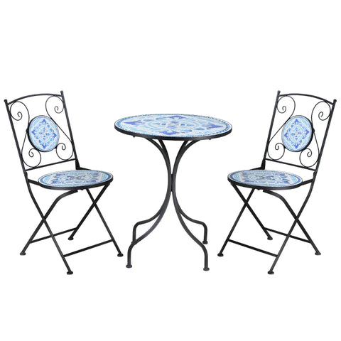 Rootz Bistro-Set – Garten-Sitzgruppe – Garten-Sitzgruppe – Garten-Bistro-Set – 1 Tisch 2 klappbare Stühle – Keramik/Stahl – Schwarz/Blau/Weiß