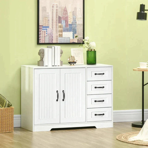 Rootz Sideboard - Storage Cabinet - Country-style Sideboard With 4 Drawers And 1 Cupboard - Dining Room - Kitchen - Living Room - White - 105 cm x 40 cm x 76 cm