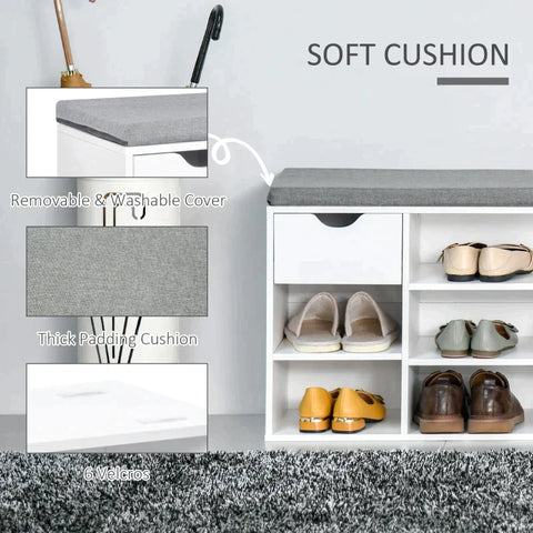Rootz Shoe Bench - Shoe Storage Bench - Shoe Bench With Cushion - 7 Compartments - Adjustable Shelves - White/Grey - 101 cm x 29 cm x 47.5 cm