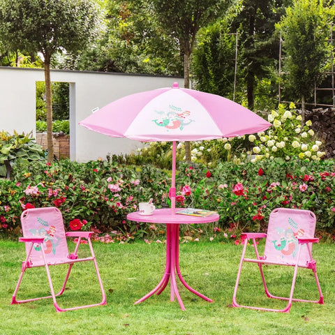 Rootz Garden Table Set For Children - Shark Design - Table - Chairs - Umbrella - Metal - Polyester - Pink - Ø49.5 x 50H cm