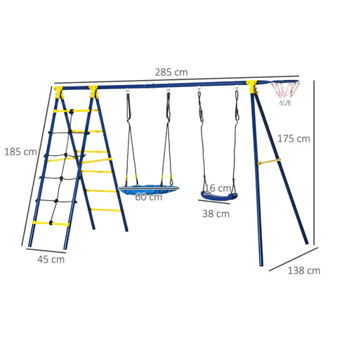 Rootz Kinderschaukel – Gartenschaukel mit Metallgestell – Netzschaukel – Schaukelgestell – Schaukelset – Doppelschaukel mit Kletterleiter – bis zu 4 Kinder von 3–10 Jahren – Blau – 285 x 138 x 175 cm