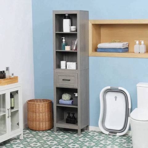 Rootz Bathroom Cabinet - 5 Shelves 1 Drawer - MDF Wood - White - 42cm x 30cm x 170cm