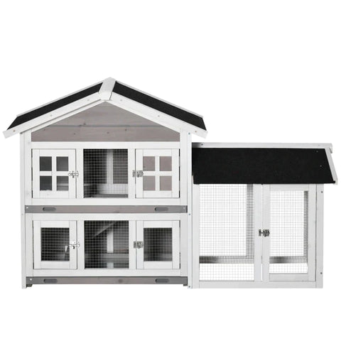 Rootz Konijnenhok - Knaagdierenhok - 2 niveaus - Dennenhout - Buiten Binnen Kooi voor kleine dieren - Verwijderbare vloerbak - Grijs + Zwart + Wit - 150 x 55 x 91 cm