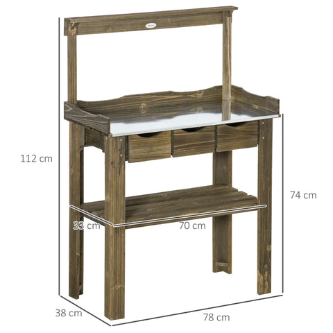 Rootz Planting Table - Tuintafel Met Drie Laden En Metalen Werkblad - Dennenhout - Metaal - Verkoold - 78 x 38 x 112 cm