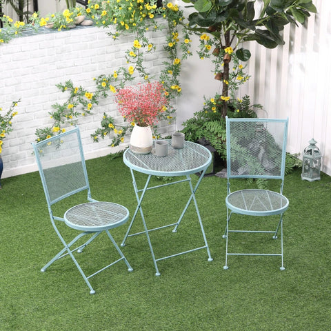 Rootz Bistro-Set – Gartensitzgruppe – Gartengruppenbestuhlung – Gruppenbestuhlung – 1 klappbarer Tisch + 2 klappbare Stühle – Metall – Hellblau