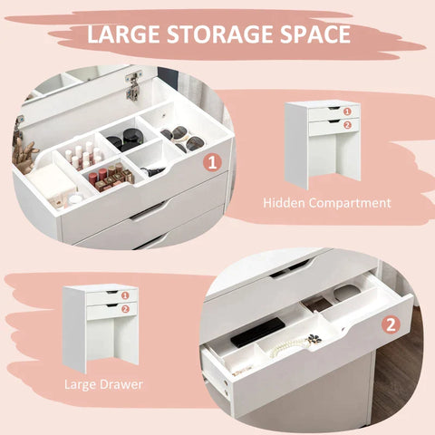 Rootz Cosmetic Table - Kaptafel - Met Spiegel - Kruk - Lade - Opbergruimte - Wit - 60 x 40 x 114cm