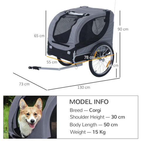Rootz Pet Bicycle Trailer - Bicycle Trailer - Dog Trailer - Foldable - Universal Hitch - Trailer - Steel/Polyester - Grey/Black - 130 X 73 X 90cm