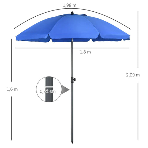 Rootz Beach Umbrella - Parasol with Ventilation Holes - Adjustable - Tilt UV50+ Diameter 1.80 - Blue - 180L x 180W x 209H cm