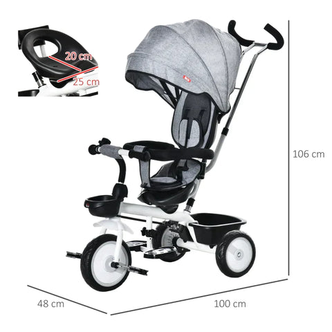 Rootz 2 In 1 Children's Tricycle - Jogger With Steering System - Rod Basket - Sun Canopy - Velvet Touch - Grey - 100 x 48 x 106 cm