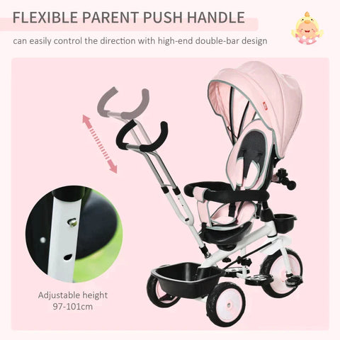 Rootz 2 In 1 Children's Tricycle - Jogger With Steering System - Rod Basket - Sun Canopy - Velvet Touch - Pink - 100 x 48 x 106 cm