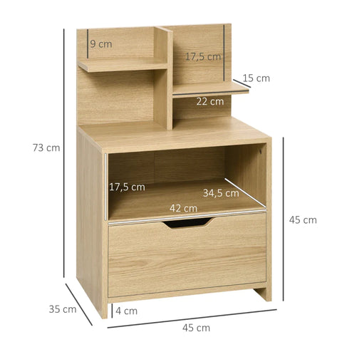 Rootz Bedside Table - 2 Shelves - Open Storage Compartment - Drawer - Chipboard - Wood Look - Natural - 45 x 35 x 73 cm