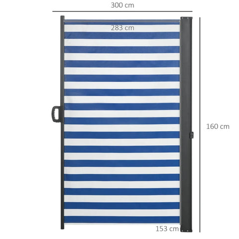 Rootz Side Awning - Privacy Screen - Horizontally Extendable - Weatherproof - Printed On Both Sides - Blue + White - 300 x 8.5 x 160 cm