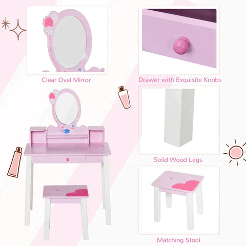 Rootz Children's Dressing Table - Dressing Table With Stool - Dressing Table With Drawer - Compartments - Mirror For Girls - Pine Wood - Pink - 60 x 34 x 93 cm
